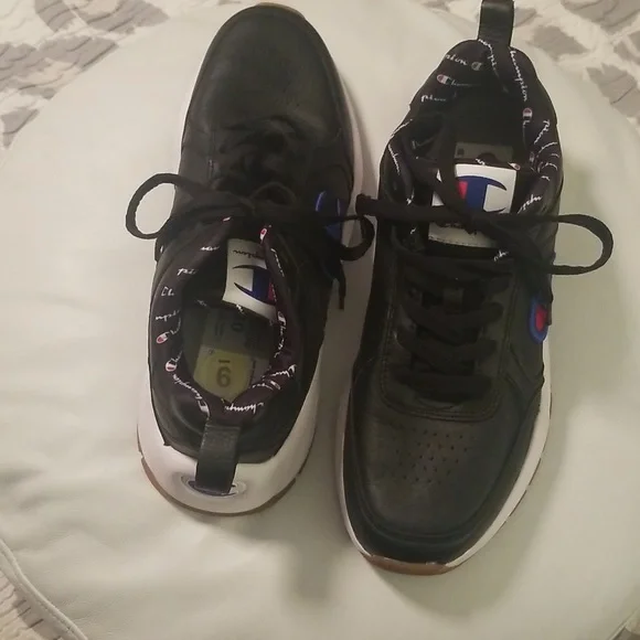 Men's Champion Black Genuine Leather Sneakers with White Rubber Soles; Size 9 - Picture 4 of 10